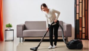 リビングで掃除機を使って床を掃除する人
