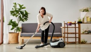 ソファの前で掃除機をかける人