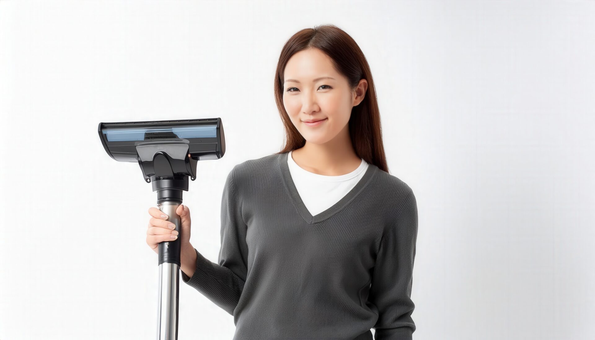 白背景で掃除機を手にする人物
