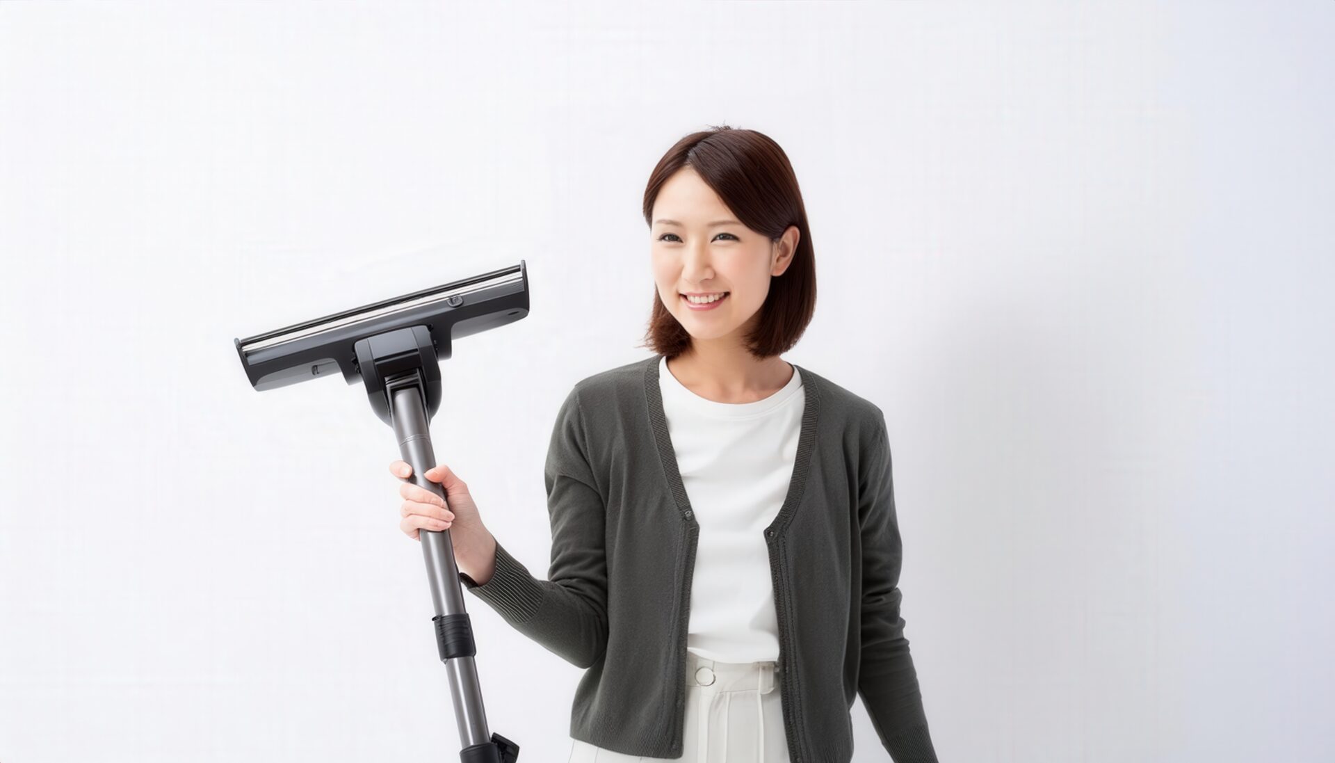 白背景で掃除機を持つ人物