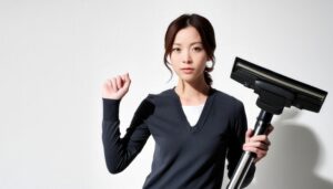 白背景で掃除機を手にした人物