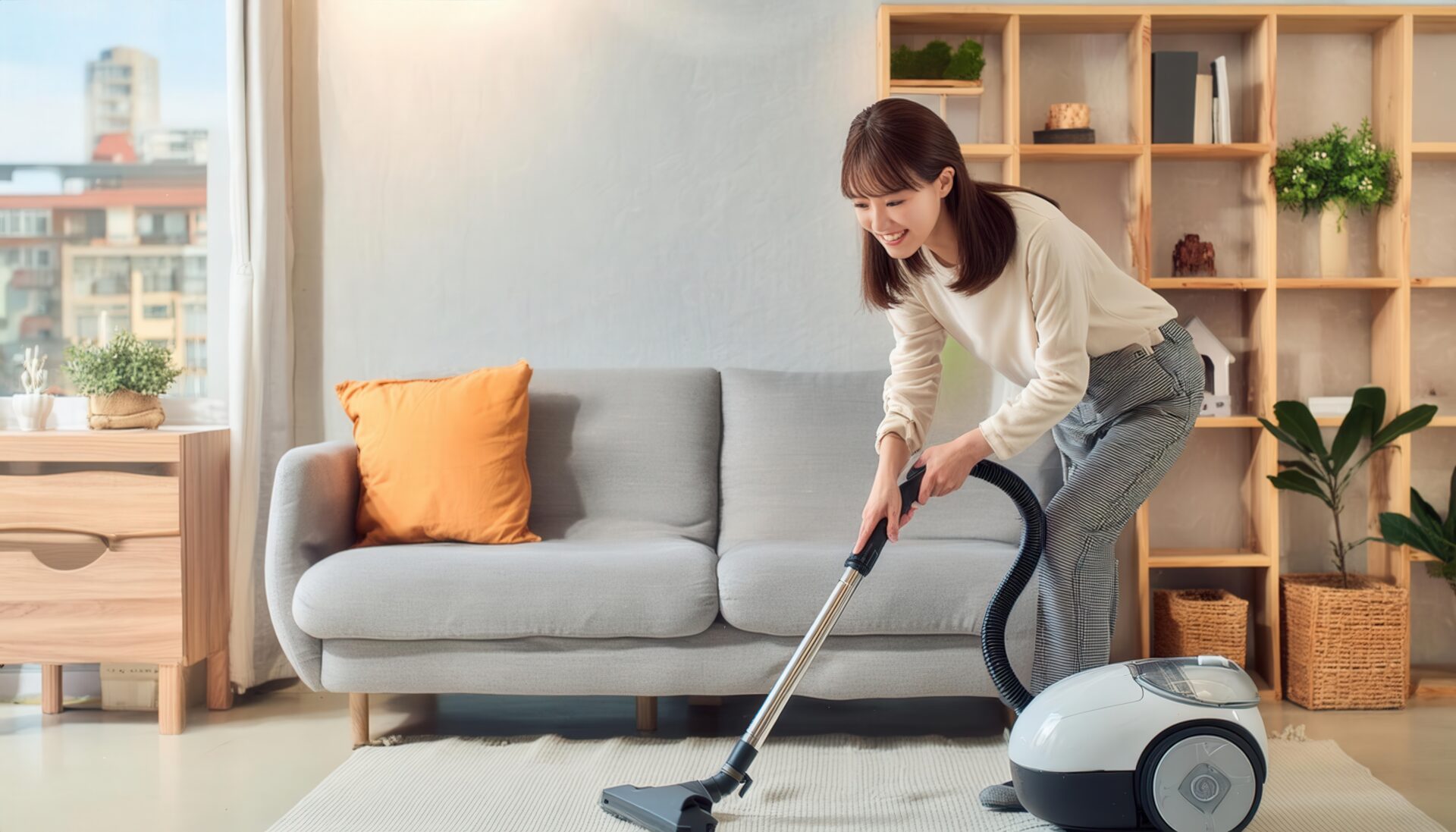 ソファのある部屋で掃除機を使う人物