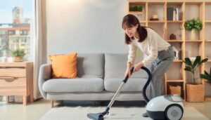 ソファのある部屋で掃除機を使う人物