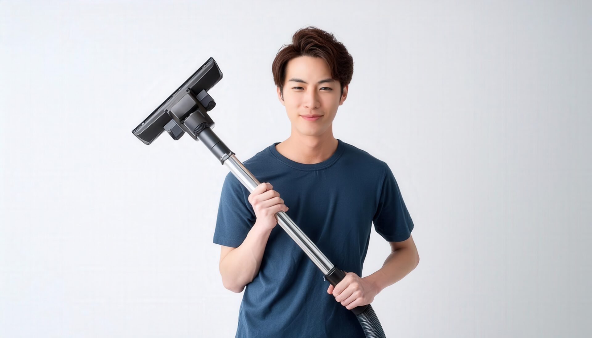 白背景で掃除機を抱える人物