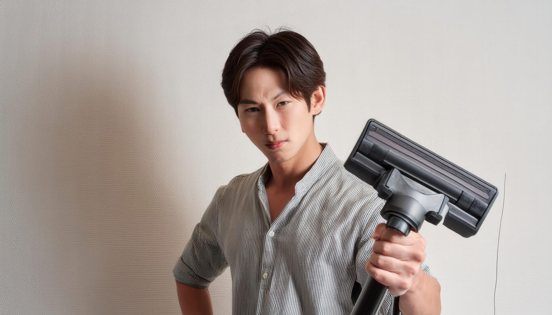グレーの壁の前で掃除機を手にする人物