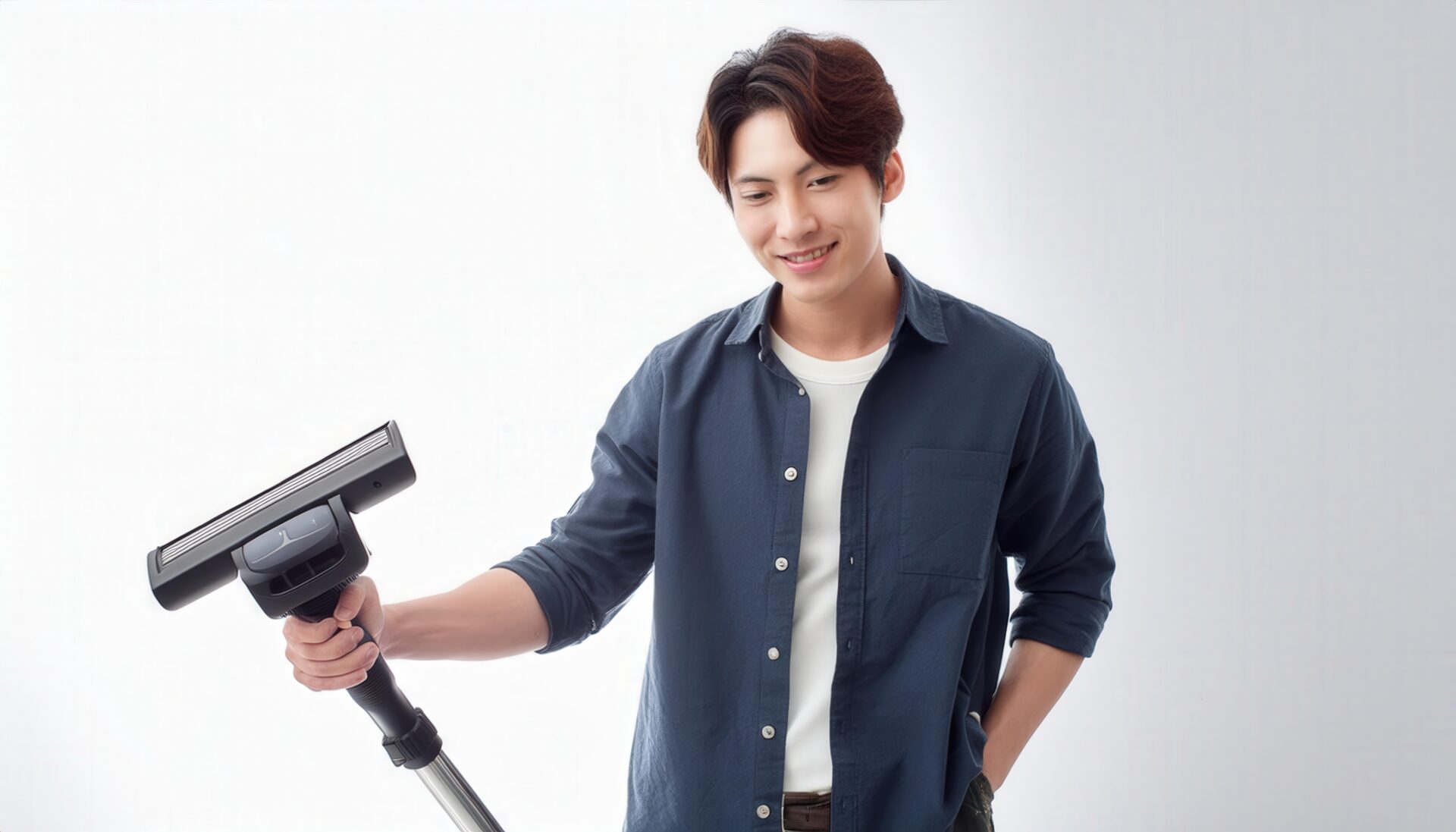 白背景で掃除機を持つ人