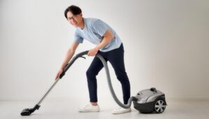白背景で掃除機をかける人