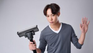掃除機を手に軽く手を挙げる人