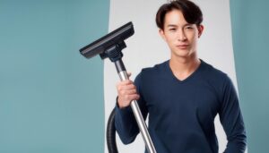 青い背景で掃除機を持つ人