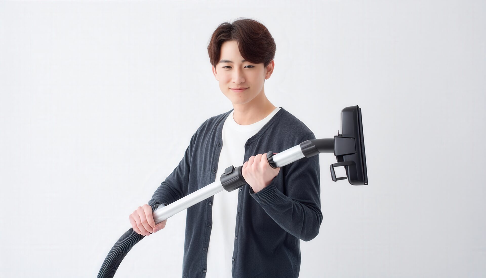 白背景で掃除機を抱える人