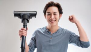 掃除機を手にガッツポーズをする人
