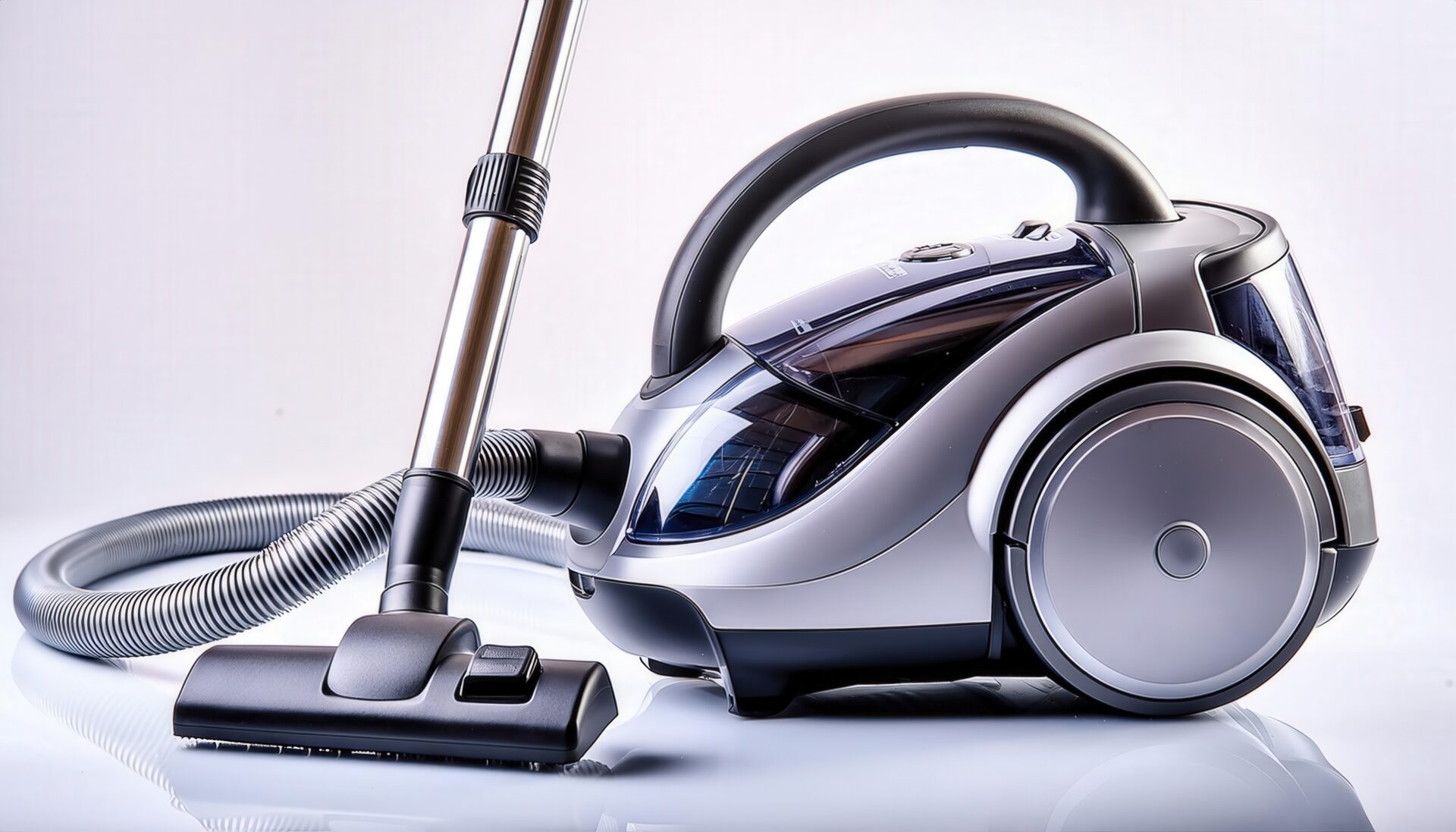 白背景に置かれた近未来的デザインのキャニスター掃除機