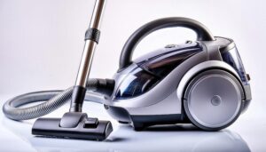 白背景に置かれた近未来的デザインのキャニスター掃除機