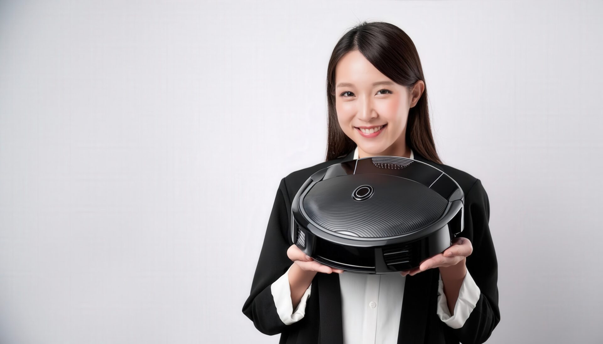 白背景でロボット掃除機を手に持つビジネスパーソン
