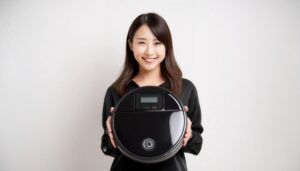 白背景でロボット掃除機を正面に掲げるビジネスパーソン
