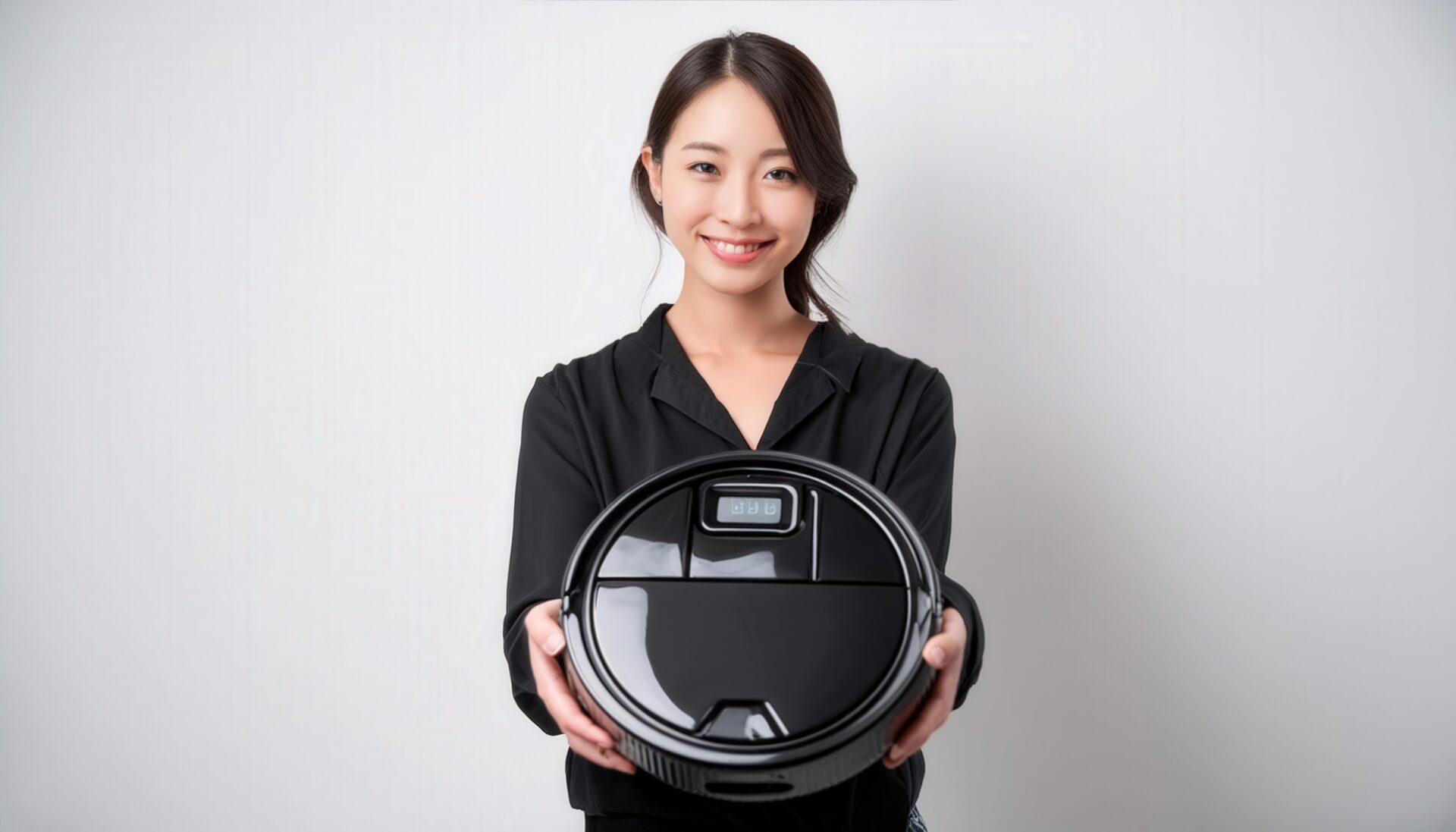 白背景でロボット掃除機を前に示すビジネスパーソン