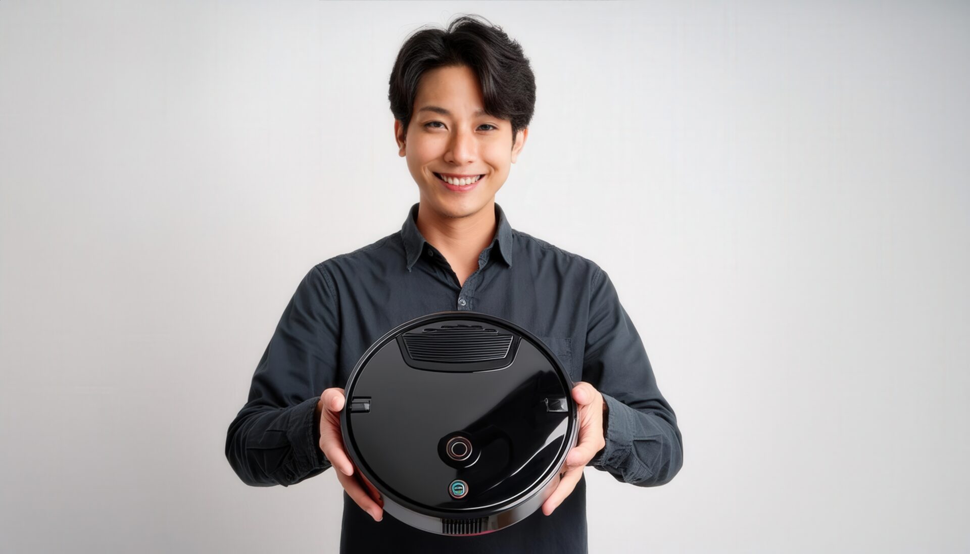 白背景でロボット掃除機を見せるビジネスパーソン