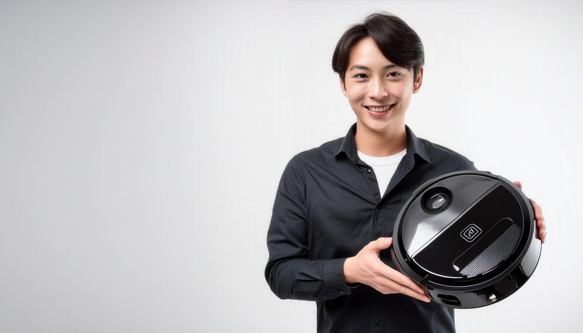 白背景でロボット掃除機を持つ人物