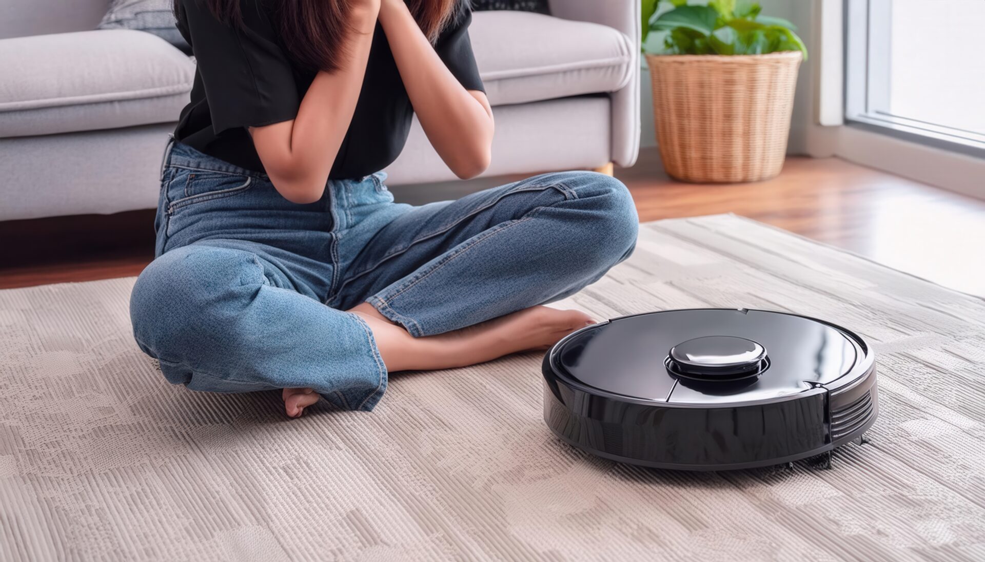 床に座ってロボット掃除機を見守る人物