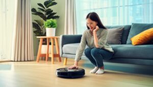 リビングでロボット掃除機に触れる人物