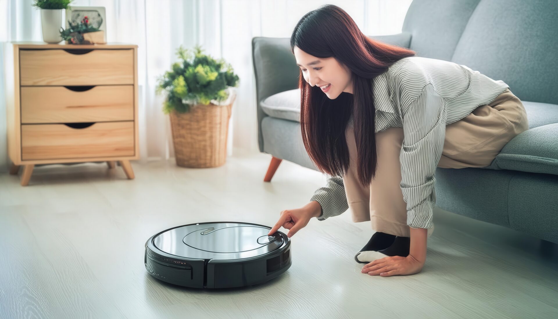 床にかがんでロボット掃除機を操作する人物