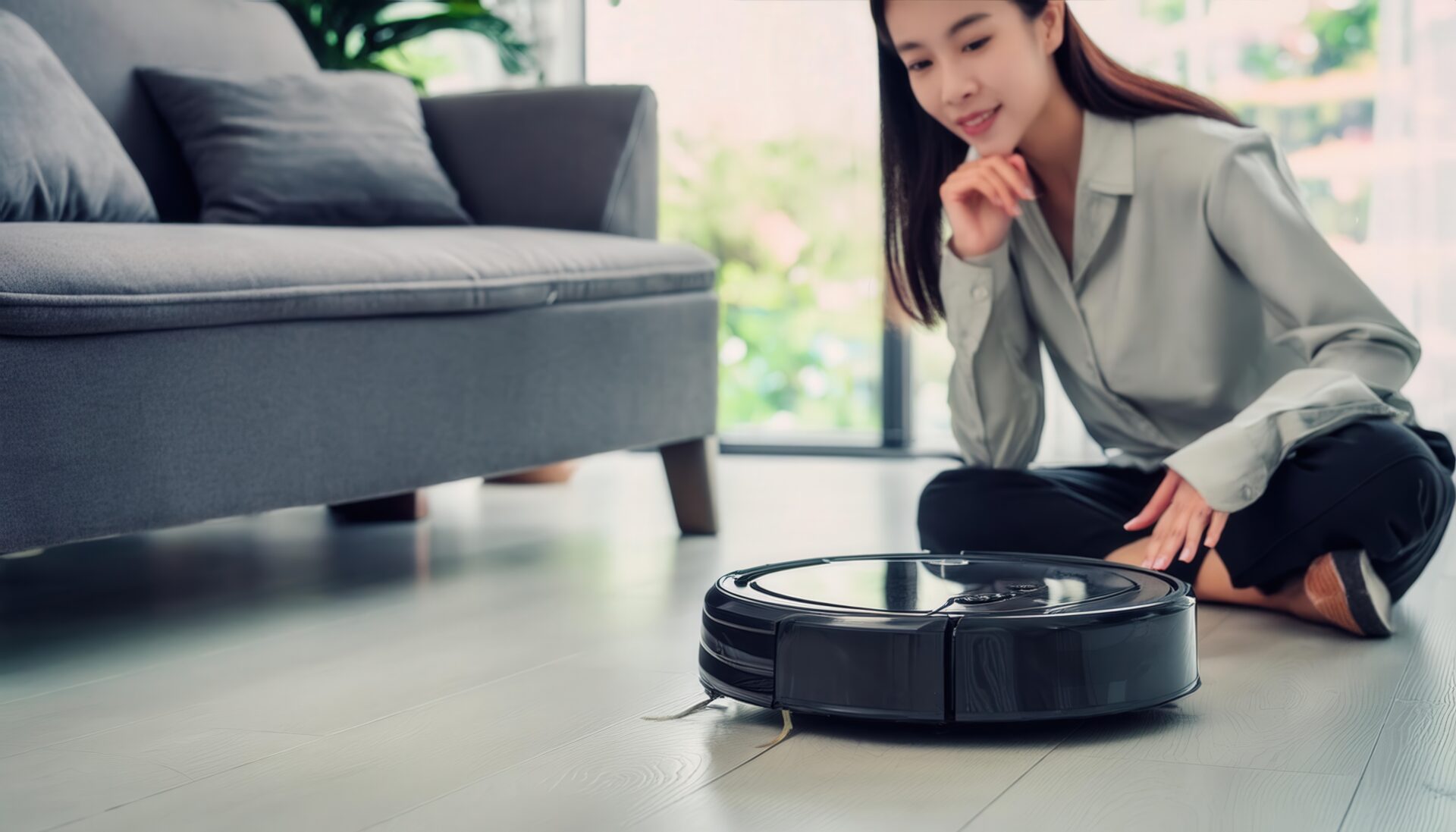 室内でロボット掃除機を見つめる人物