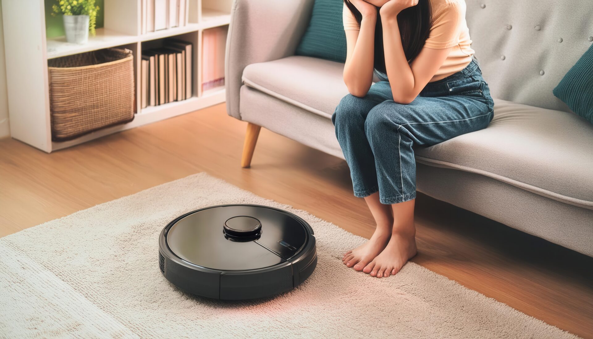 リビングでロボット掃除機を眺める人物