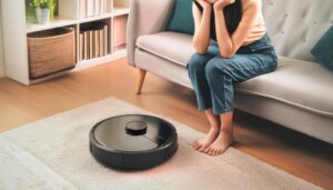 リビングでロボット掃除機を眺める人物