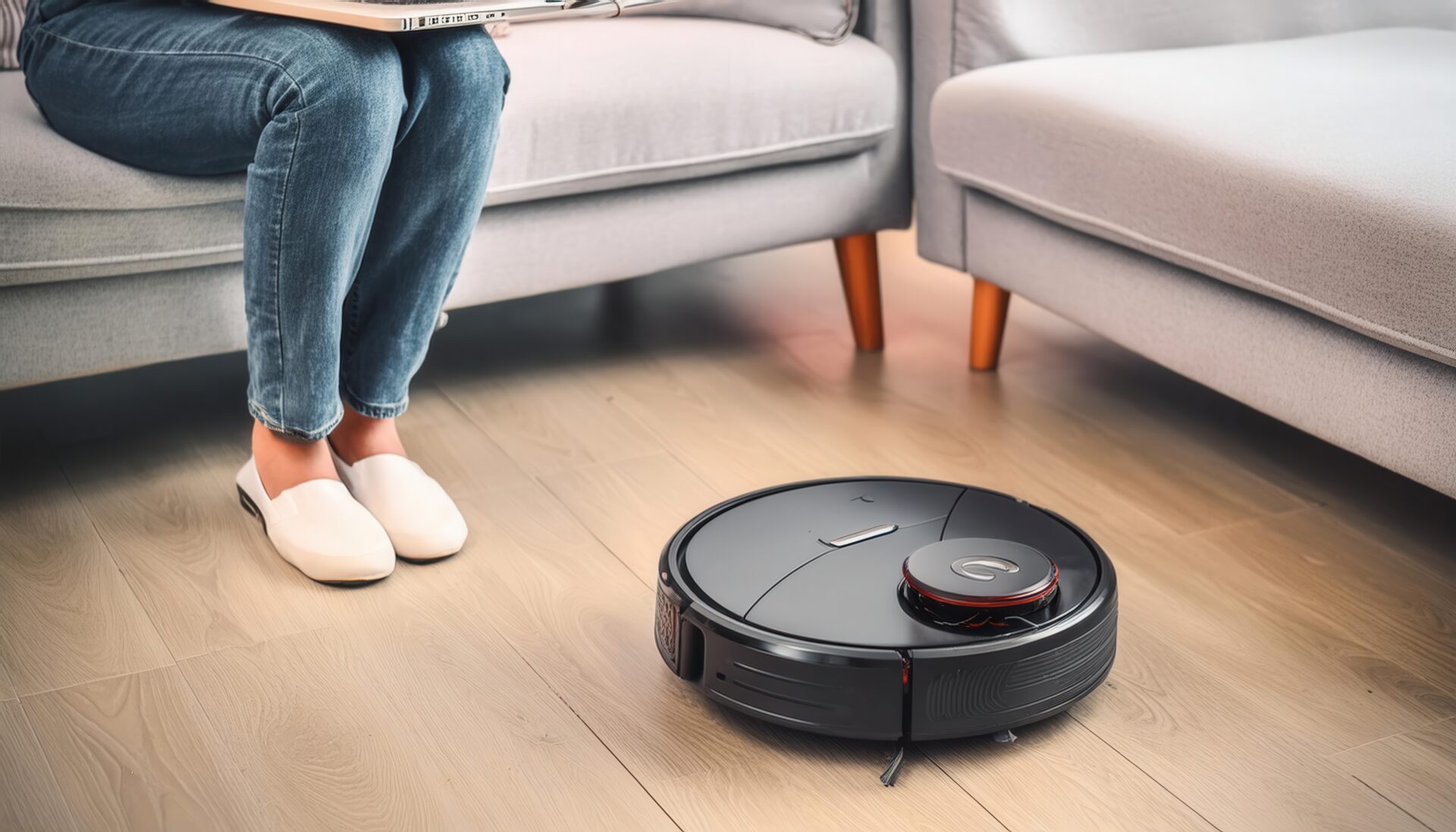 ソファに腰掛けてロボット掃除機を見つめる人物