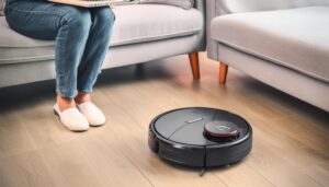 ソファに腰掛けてロボット掃除機を見つめる人物