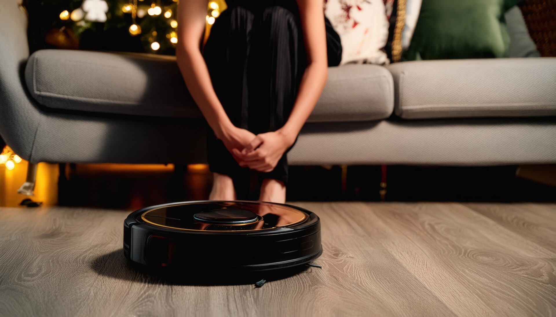クリスマスツリーがある部屋でロボット掃除機を見守る人物