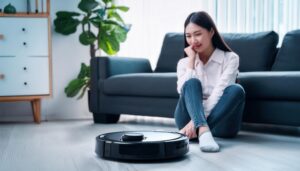 リビングでロボット掃除機を見つめる人物（白シャツ）