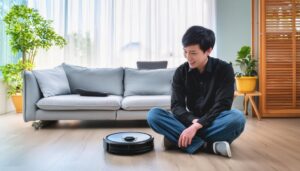 ロボット掃除機を前に座る人物（黒シャツ）