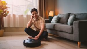 夕暮れの部屋でロボット掃除機に手を添える人物