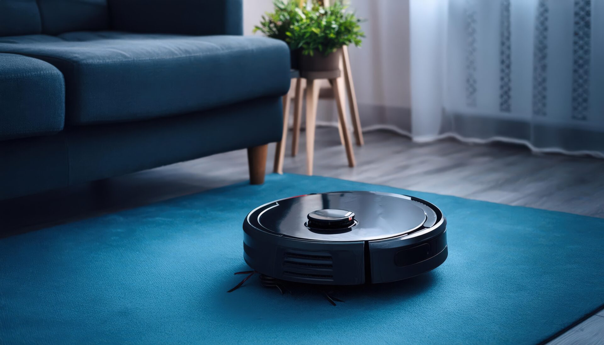 青いラグの上を移動するロボット掃除機