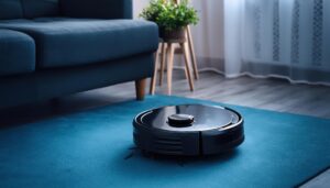 青いラグの上を移動するロボット掃除機