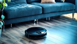 ソファ近くで稼働するロボット掃除機