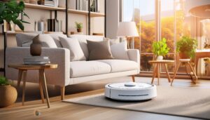 夕暮れのリビングで稼働する白いロボット掃除機