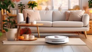 秋の飾りが置かれたリビングにある白いロボット掃除機