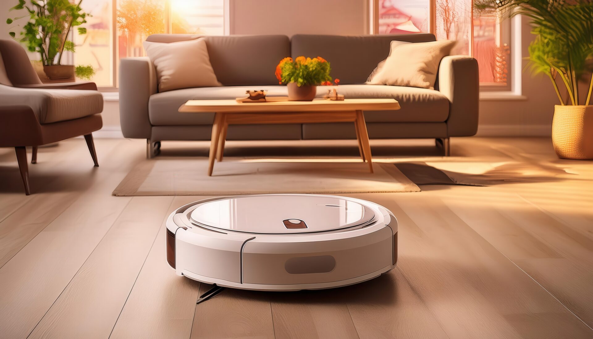 柔らかな光が差し込むリビングに置かれた白いロボット掃除機