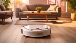 柔らかな光が差し込むリビングに置かれた白いロボット掃除機