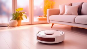ピンク色の夕映えが差す部屋で稼働する白いロボット掃除機