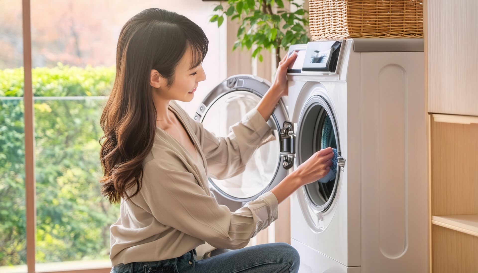 窓辺でドラム式洗濯機に衣類を入れる人物