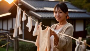 夕暮れの庭先で洗濯物を干す人物