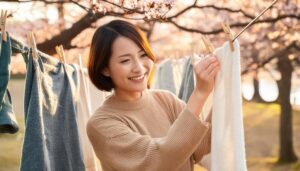 桜の木の下で洗濯物を干す人物