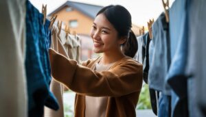 軒先で洗濯物を干す人物