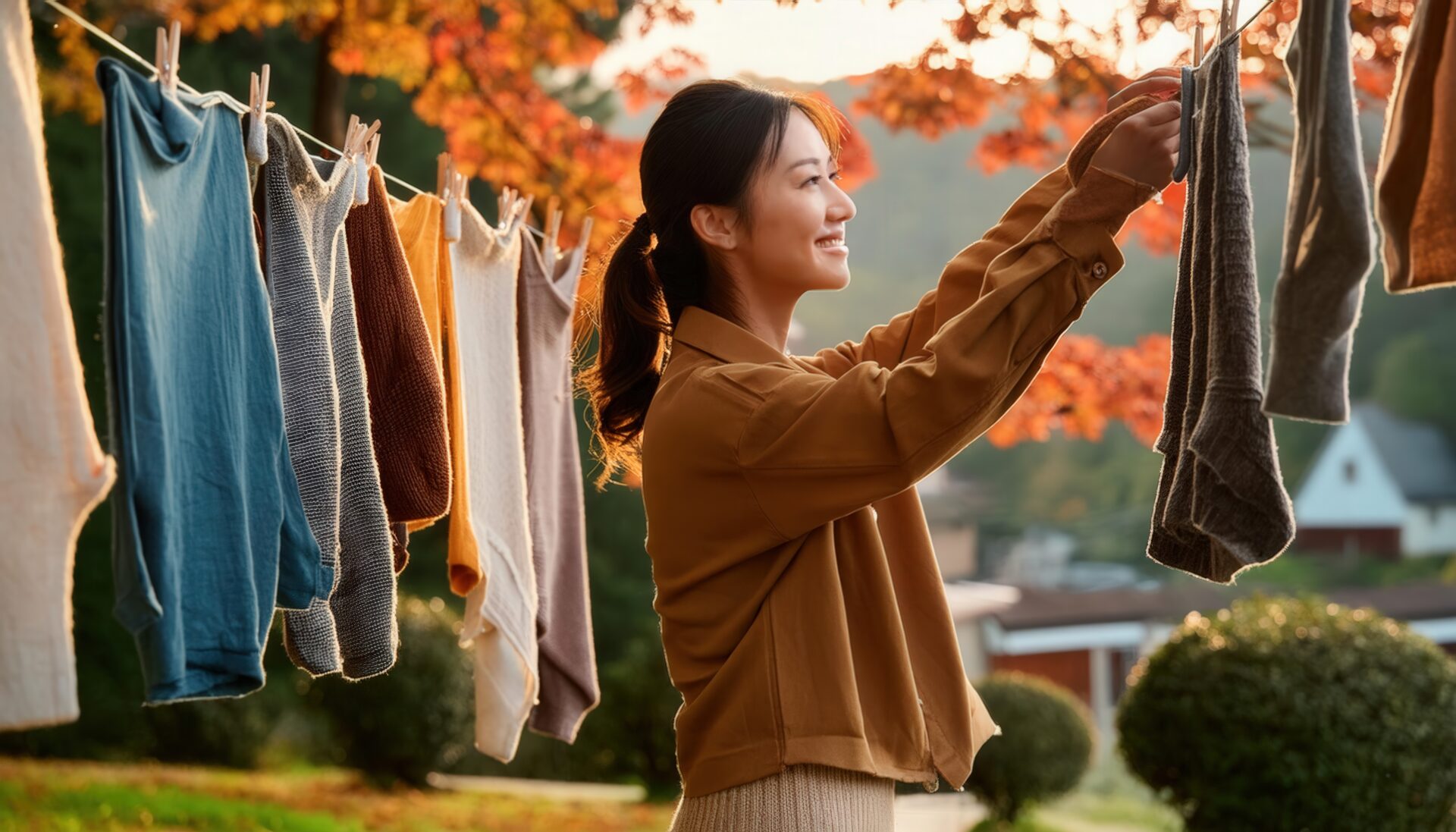 紅葉を背景に洗濯物を干す人物