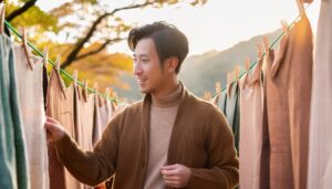 秋の景色を背景に洗濯物を干す人物