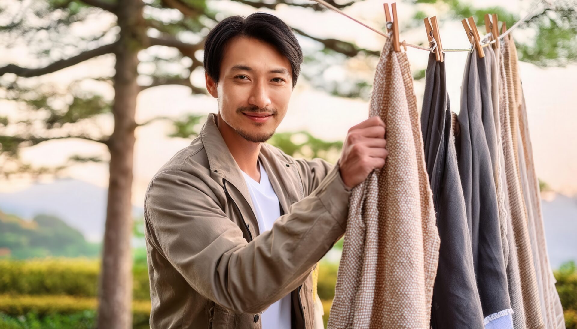 木立を背景に洗濯物を干す人物