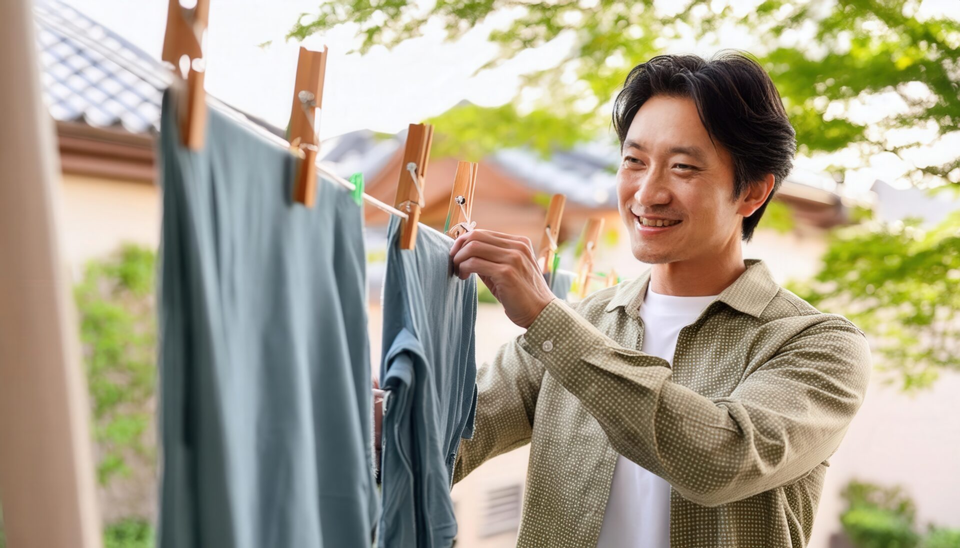 緑の葉が生い茂る中で洗濯物を干す人物